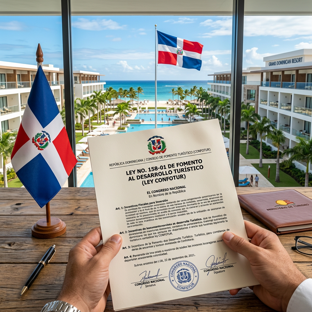 Document titled Ley No. 158-01 de Fomento al Desarrollo Turístico held near Dominican Republic flags at a resort
